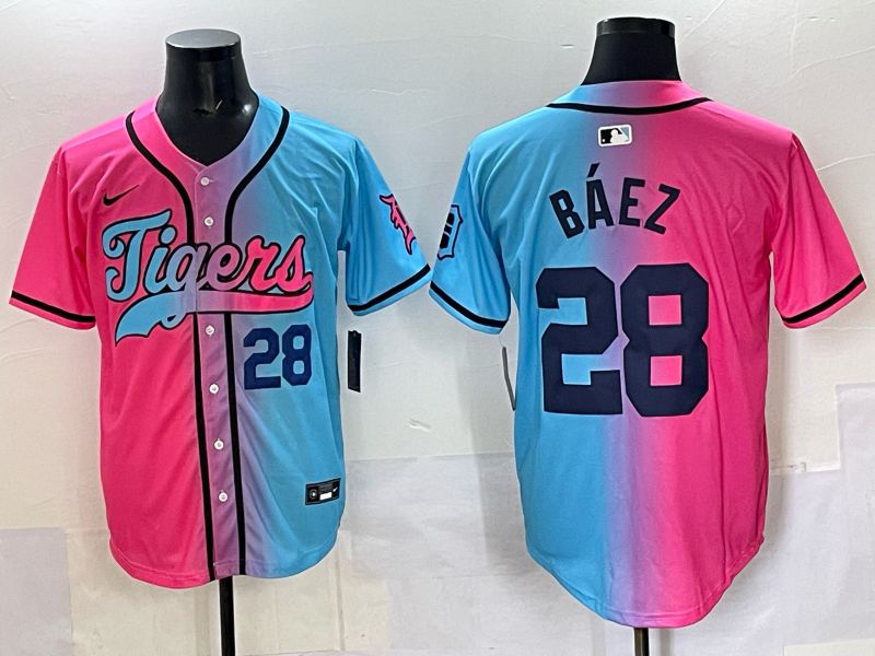 Men 2025 Detroit Tigers #28 Baez Blue pink Game Nike MLB Jersey style 06->detroit tigers->MLB Jersey